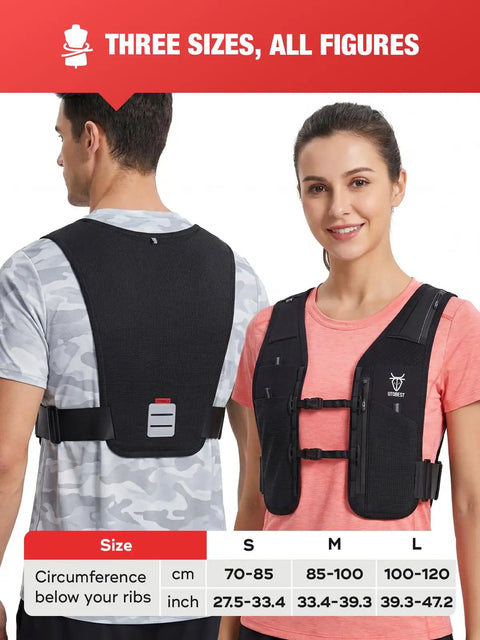 No Bounce Hydration Vest Pack For Men And Women With 500ml Soft Flask showcasing front and back view on models, size chart included