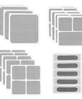 Black Self Adhesive Window Screen Repair Kit With Mesh Patch Tape Four Size Options For Screens And Drain Holes Easy Do It Yourself Fix With Strong Adhesion For Home Windows And Doors, showing various mesh patch sizes.