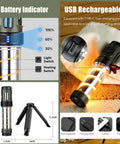 Portable LED Lantern And Flashlight Combo with battery indicator, USB rechargeable, showing tripod and size dimensions.