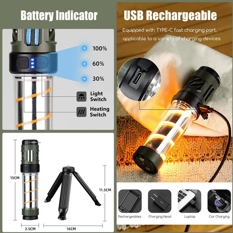 Portable LED Lantern And Flashlight Combo with battery indicator, USB rechargeable, showing tripod and size dimensions.