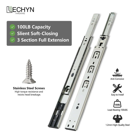 Heavy Duty 18 Inch Drawer Slides Set With Soft Close And Full Extension 3 Fold Ball Bearing Rails, shown uninstalled with hardware.