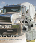 Volvo Air Horn Control Valve Replacement 228928 shown with Mack Bendix truck in background, plug-and-play install.