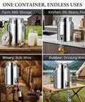 Heavy Duty 1.3 To 7.4 Gallon Stainless Steel Milk Jug With Secure Silicone Gasket Lid for milk, wine, and water storage.