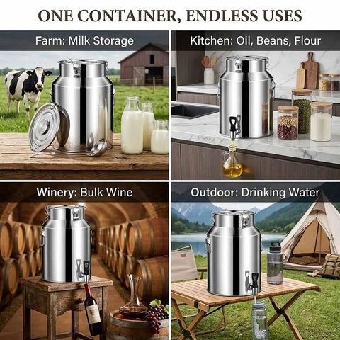 Heavy Duty 1.3 To 7.4 Gallon Stainless Steel Milk Jug With Secure Silicone Gasket Lid for milk, wine, and water storage.