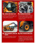 Built Tough Heavy Duty 4WD Telescopic Handler For Construction Sites showing driver's cab, controls, flexible boom, and wear-resistant tires.