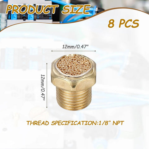 Close-up of Eight-Piece 1/8 NPT Pneumatic Exhaust Muffler Kit with sintered bronze fitting, showing size and thread specification.