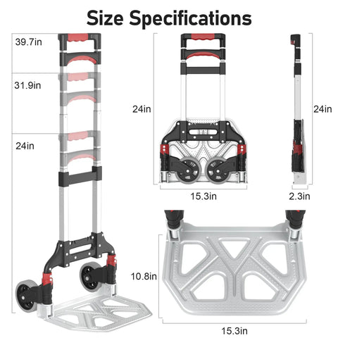 Heavy Duty Folding Hand Truck 180 Lb Capacity With Telescoping Handle And Rubber Wheels full dimensions image
