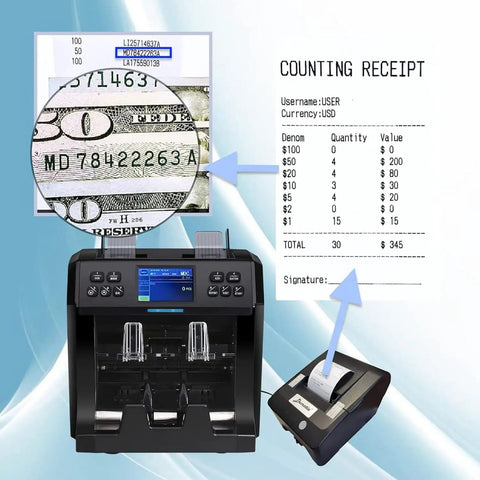 Heavy Lifter Bill Counter Machine That Handles Mixed Denomination Sorting With Multi Currency Support Fast Cash Stacking And Legit Checker Tech with receipt display.