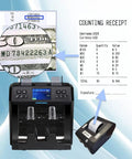 Top Tier Money Counter Machine For Mixed Denomination Bills Smooth Rolling Sorting With Multi Currency Support And Legit Bogus Buster Plus Printer Enabled For No Fuss Cash Wrangling And Tracking displaying counting receipt and magnified bill.