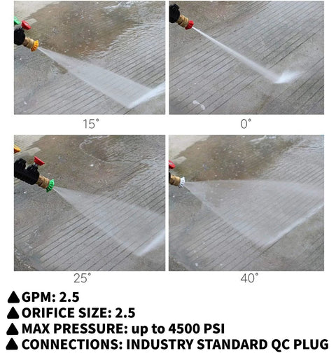 Amazon pressure washer nozzle tips set, 4 color-coded angles (0°, 15°, 25°, 40°), 1/4 in quick-connect, up to 4500 PSI, 2.5 GPM