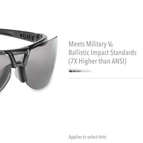 Close-up of Crazy Light Safety Glasses With Floating Lens Metallic Black Frame And Gray Lens Uvextreme Anti Fog Coating