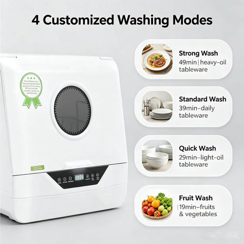 Portable Countertop Dishwasher With 360 Swishing Spray And Crisp Led Interface showing 4 wash modes on display.