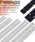 Heavy Duty Piano Hinge 48 Inch By 1.5 Inch Black Stainless Steel Continuous Hinge with various sizes and leaf thicknesses displayed.
