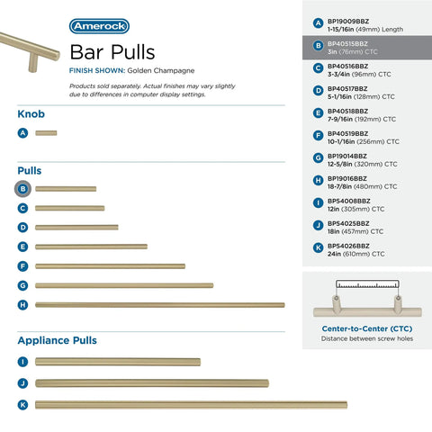 Size chart for Golden Champagne Bar Cabinet Pulls in various lengths and center-to-center measurements, finish shown.
