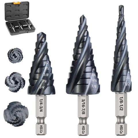 Workhorse Four Flute Step Drill Bit Set for Metal and Wood With TiAlN Wear-Resistant Cobalt Coating, 3 Bits, Matework M35