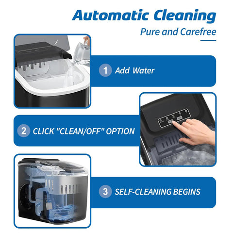 Portable Countertop Ice Maker With Self Cleaning Function Delivers 26 Lbs Per Day In 6 Minutes For Bullet Ice Cubes Quiet Operation Ideal For Home Office Kitchen With Scoop And Basket showing automatic cleaning steps.