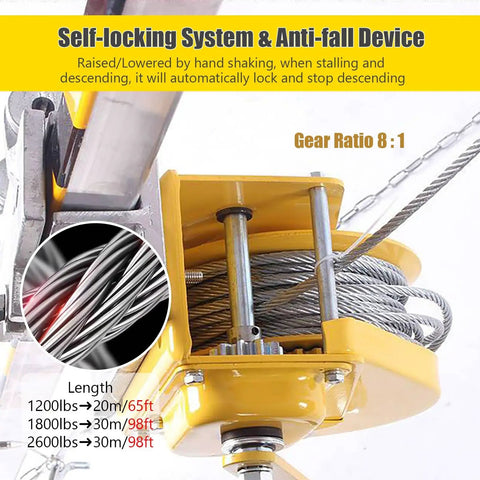 Close-up of self-locking system and anti-fall device on Portable Folding Aluminum Rescue Tripod For Tight Spaces Heavy Duty Fall Arrest Rig.