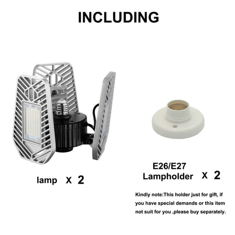 2-Pack Deformable LED Garage Ceiling Lights, 9000 Lumens, 82W, CRI 80, Adjustable Angles For Clear Work Light, High Output Shop Lighting, E26 E27 Base, 100-265V, No Motion Activated