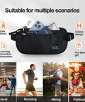 Hidden Travel Money Belt Wallet With RFID Blocking Slim Passport Holder in black, displayed with travel essentials.