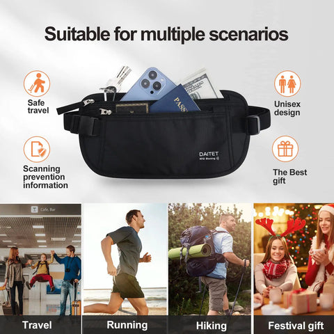 Hidden Travel Money Belt Wallet With RFID Blocking Slim Passport Holder in black, displayed with travel essentials.