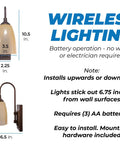 Battery Powered Wall Sconce 2 Pack LED Wireless Plugless Lights With 4 Hour Auto Shut Off 100 Lumen Output Easy Install Bronze