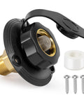 RV City Water Inlet With Check Valve Replacement Lead Free Brass Threads Three Quarter GHT Female And One Half NPT Male Pipe Fittings Water Hose Connector For Campers Trailers And Motorhomes, black cap open