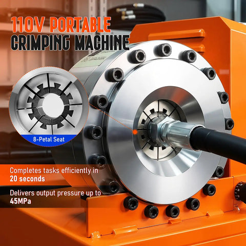 Close-up of Hot Shot Hydraulic Hose Crimper, Electric High Pressure Machine showing 8-petal seat and pressure gauge.