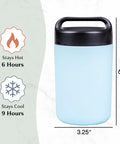 Heavy Duty Double Wall Vacuum Sealed Stainless Steel Food Jar With Rugged Carry Handle Lid Keeps Your Lunch Sizzling Hot All Day Leakproof Grab And Go Sixteen Oz Sky Blue 6.5" height and 3.25" width.