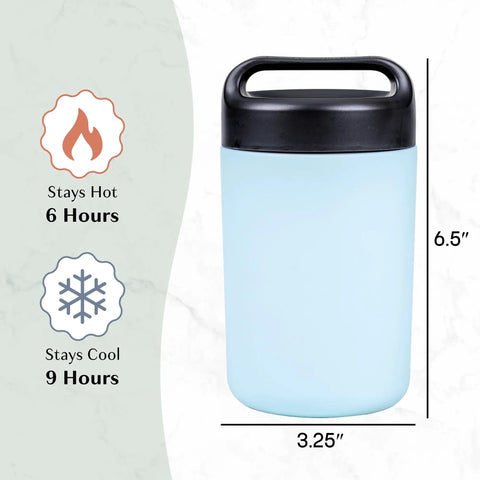 Heavy Duty Double Wall Vacuum Sealed Stainless Steel Food Jar With Rugged Carry Handle Lid Keeps Your Lunch Sizzling Hot All Day Leakproof Grab And Go Sixteen Oz Sky Blue 6.5" height and 3.25" width.