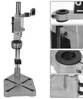 Universal Bench Clamp Drill Press Stand, Adjustable Pro DIY Grade Tool with close-up details and stable base, fits 38mm and 43mm collars.