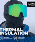 Person wearing Ultra Soft Fleece Balaclava Ski Mask for Men and Women Warm As Heck Cold Weather Full Face Mask with ski goggles.