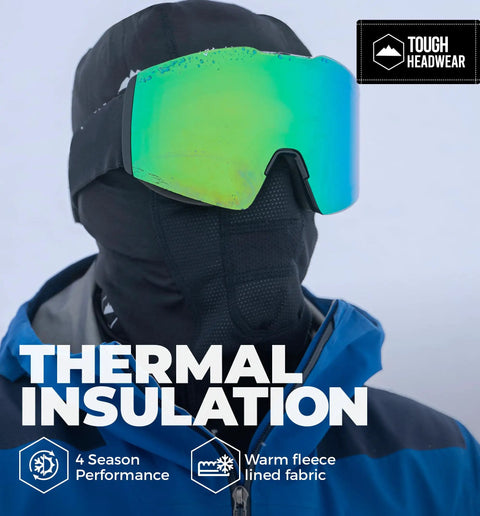 Person wearing Ultra Soft Fleece Balaclava Ski Mask for Men and Women Warm As Heck Cold Weather Full Face Mask with ski goggles.