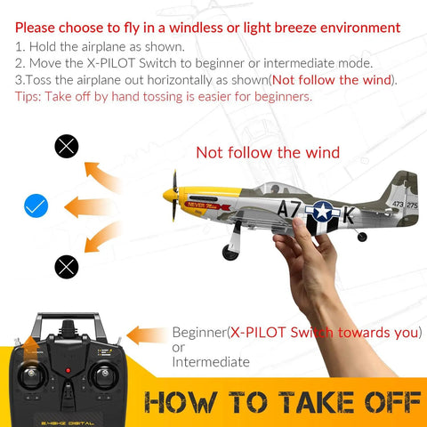 Guide showing how to take off the P51 Mustang RC Plane With Brushless Motor, 4 Channel Flight, XPilot Stabilizer For Easy, Smooth Control
