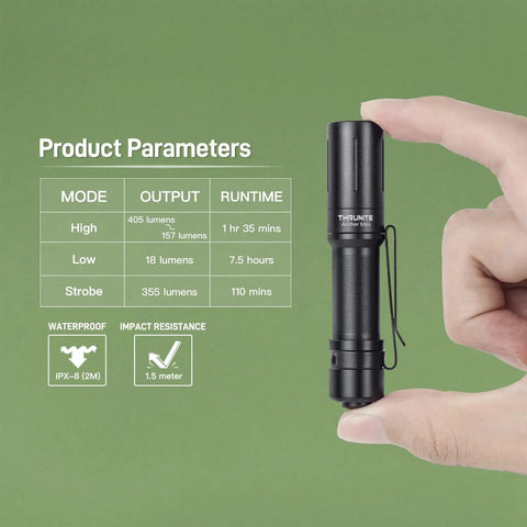 Hand holding Dope Archer Mini EDC Flashlight USB C Pocket Light With 405 Lumens IPX8 Waterproof Mini Penlight Clip, product parameters shown