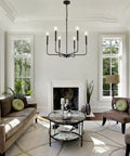 Premium Black Six Light Chandelier Rust Resistant Metal Candle Pendant Fixture For Dining Room Kitchen, suspended in modern living room.