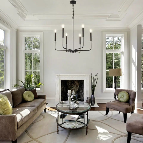 Premium Black Six Light Chandelier Rust Resistant Metal Candle Pendant Fixture For Dining Room Kitchen, suspended in modern living room.