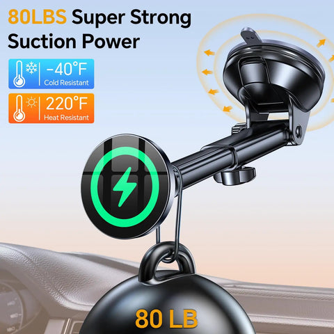 MagSafe Car Mount Charger With Ultra Magnetic Phone Holder for iPhone 12-17 showing 80 lbs suction power and temperature resilience