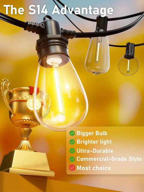 Lit 60 Foot LED Outdoor String Lights With 16 Plus 1 Edison Shatterproof IP65 Waterproof Bulbs shown close-up with awards