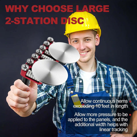 Worker holding Two Station Disc Sheet Metal Bender for DIY Roof Projects, Quick Setup Hand Bending Tool, Detachable Disc in hand