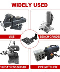 Badass Rock Solid Wall Or Table Mount Vise And Grinder Station Adjustable Sliding Base shown with various tools and equipment.