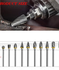 Carbide rotary burr set, 10-piece, double-cut tungsten carbide, 1/8-in shanks, shown in drill chuck.