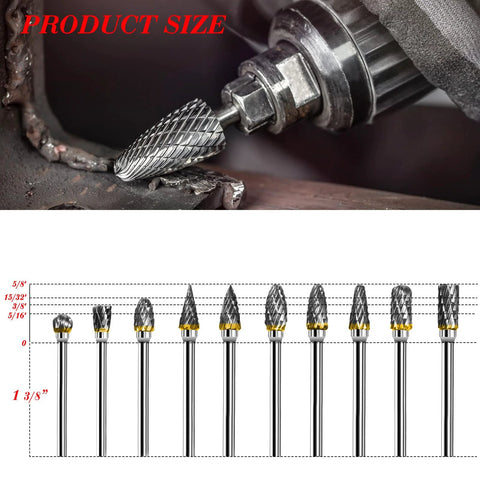 Carbide rotary burr set, 10-piece, double-cut tungsten carbide, 1/8-in shanks, shown in drill chuck.