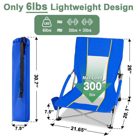 Blue folding chair and carry bag, 300 lb max, 2 Pack Lightweight Low Beach Chairs With Breathable Mesh Back, 6 lb each