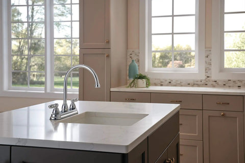 Two Handle Kitchen Sink Faucet With Side Sprayer Chrome Finish For 8 Inch 4 Hole Install 360 Degree Swivel No Fuss Install Durable Metal Build And Lifetime Warranty Upgrade For Your Kitchen