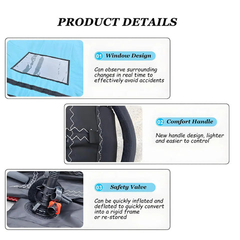 Product details of Inflatable Windsurfing Surfboard With Portable Wing Sail For Water And Snow Surfing Handheld Foil Wing Kite Lightweight Durable Gear For Windsurfing And Wing Surfing On Waves Or Powder showcasing window design, comfort handle, and safety valve.