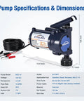 Built Tough 12V Fuel Transfer Pump Pushes Up To 15 Gpm With Solid Manual Nozzle And Flexible Hose For Quick Gas And Diesel Refueling On The Go, featuring size and specifications.
