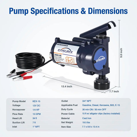 Built Tough 12V Fuel Transfer Pump Pushes Up To 15 Gpm With Solid Manual Nozzle And Flexible Hose For Quick Gas And Diesel Refueling On The Go, featuring size and specifications.