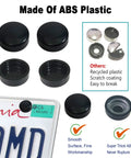 Lock Your Plates Down Tight With These Sleek Black License Plate Screws Featuring Tamper Proof Anti Theft Design Made From Sturdy One Quarter Inch Stainless Steel For Quick Install And Heavy Shield Against Highway Hooligans And Dust, showing ABS plastic caps and bolts.