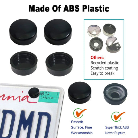 Lock Your Plates Down Tight With These Sleek Black License Plate Screws Featuring Tamper Proof Anti Theft Design Made From Sturdy One Quarter Inch Stainless Steel For Quick Install And Heavy Shield Against Highway Hooligans And Dust, showing ABS plastic caps and bolts.