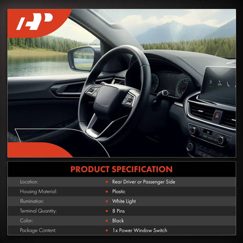 Interior view showing dashboard, steering wheel, and side window in a Chevrolet or GMC vehicle with product specifications.